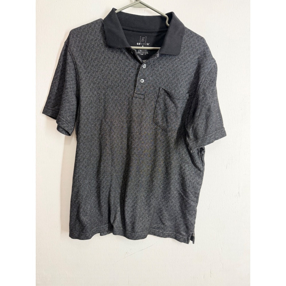 George Mens Polo Shirt Medium Black Grey Geometric Diamond Print Pocket Golf Top